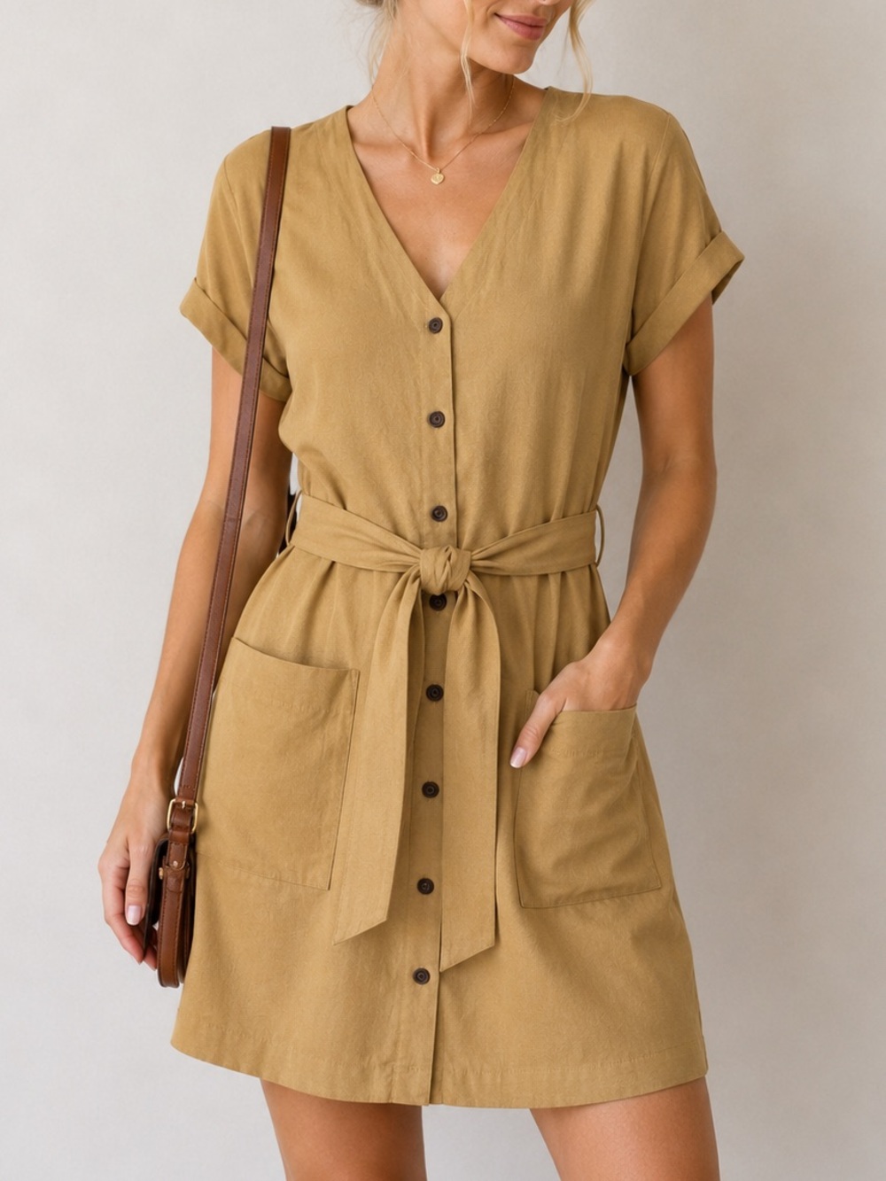 Frank & Oak Belted Button Front Tunic Mini Dress Camel Tan XS